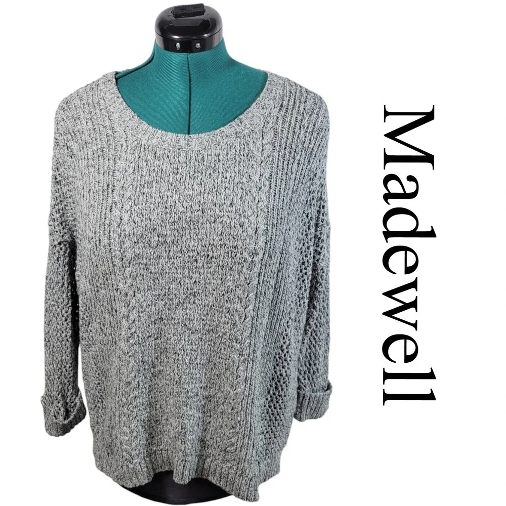 Madewell Sweater Womens L Grey Cotton Blend Cable Knit Mixed Stitch Classic